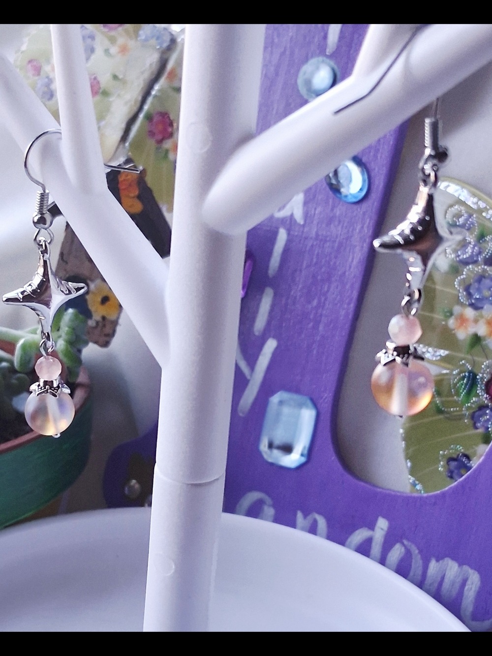 Handcrafted North Star Charm Dangle Earrings in Peach Pink